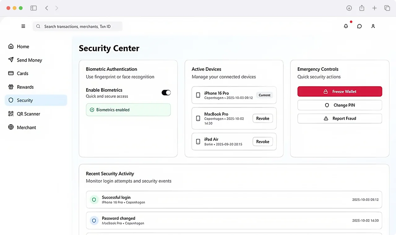 Digital wallet Security Center with biometric authentication controls and device management