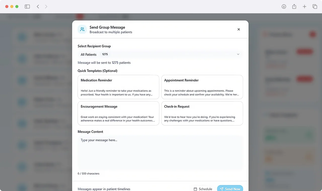 Adherence reminder group broadcast message modal with notification templates