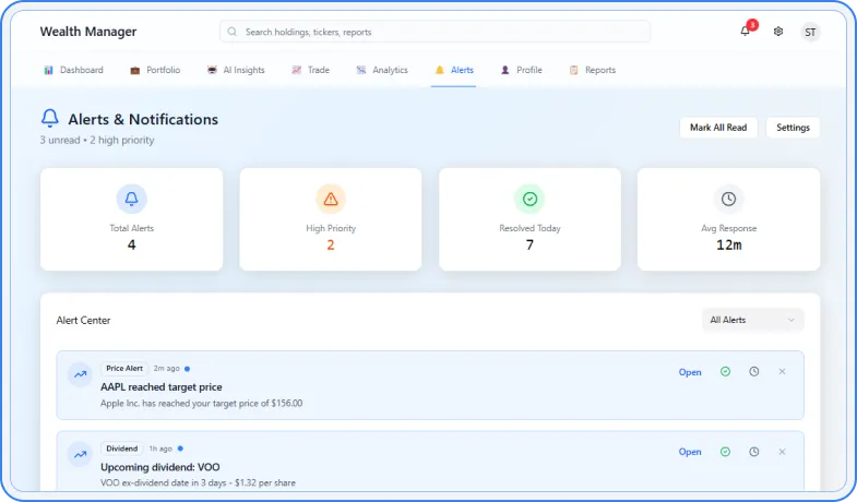 Real-time wealth alerts interface