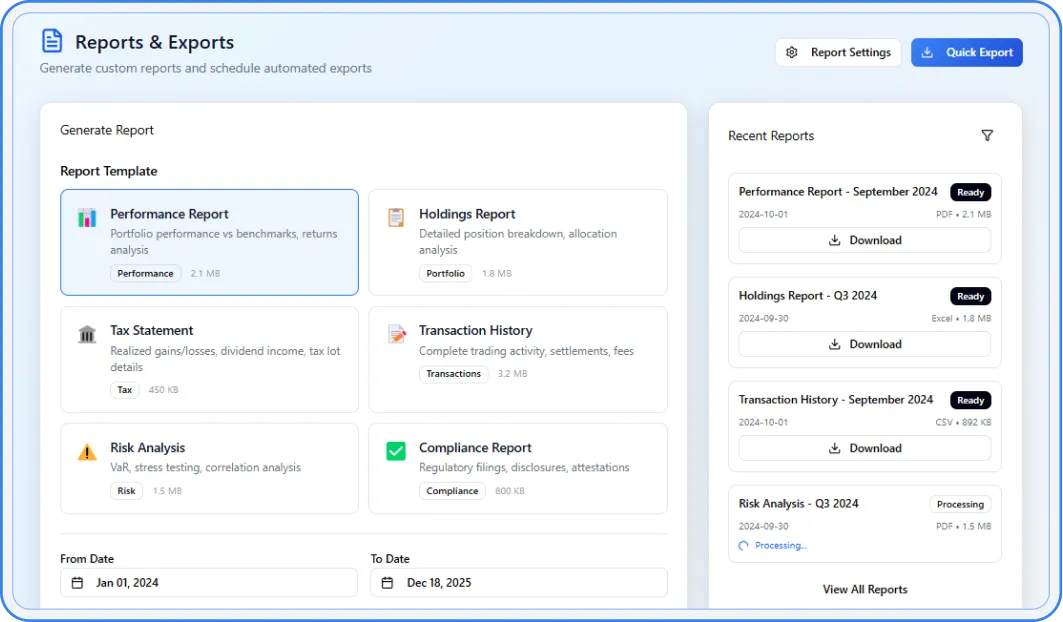 Compliance and performance reports export tab