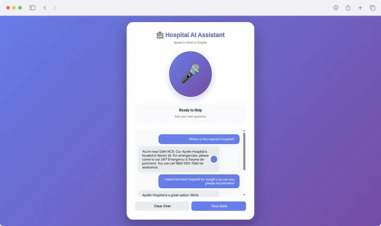 Hospital AI voice assistant conversational chat transcript and location guidance