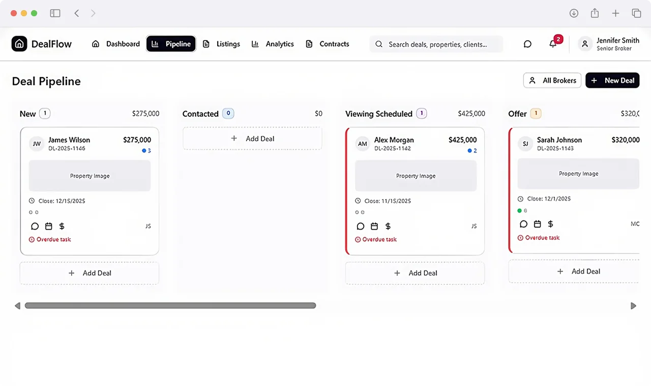 DealFlow real estate deal pipeline Kanban board with transaction stages