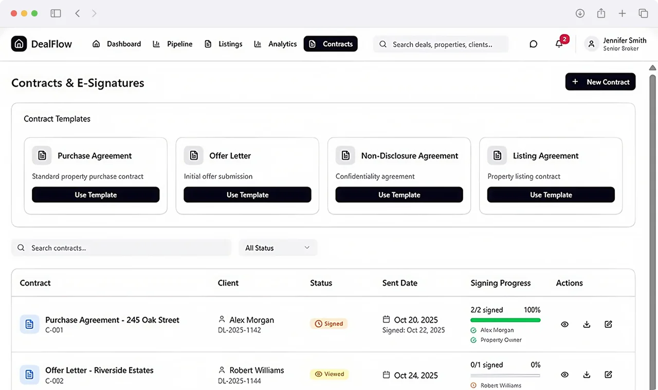 Contracts and e-signatures management module with legal templates and signing progress