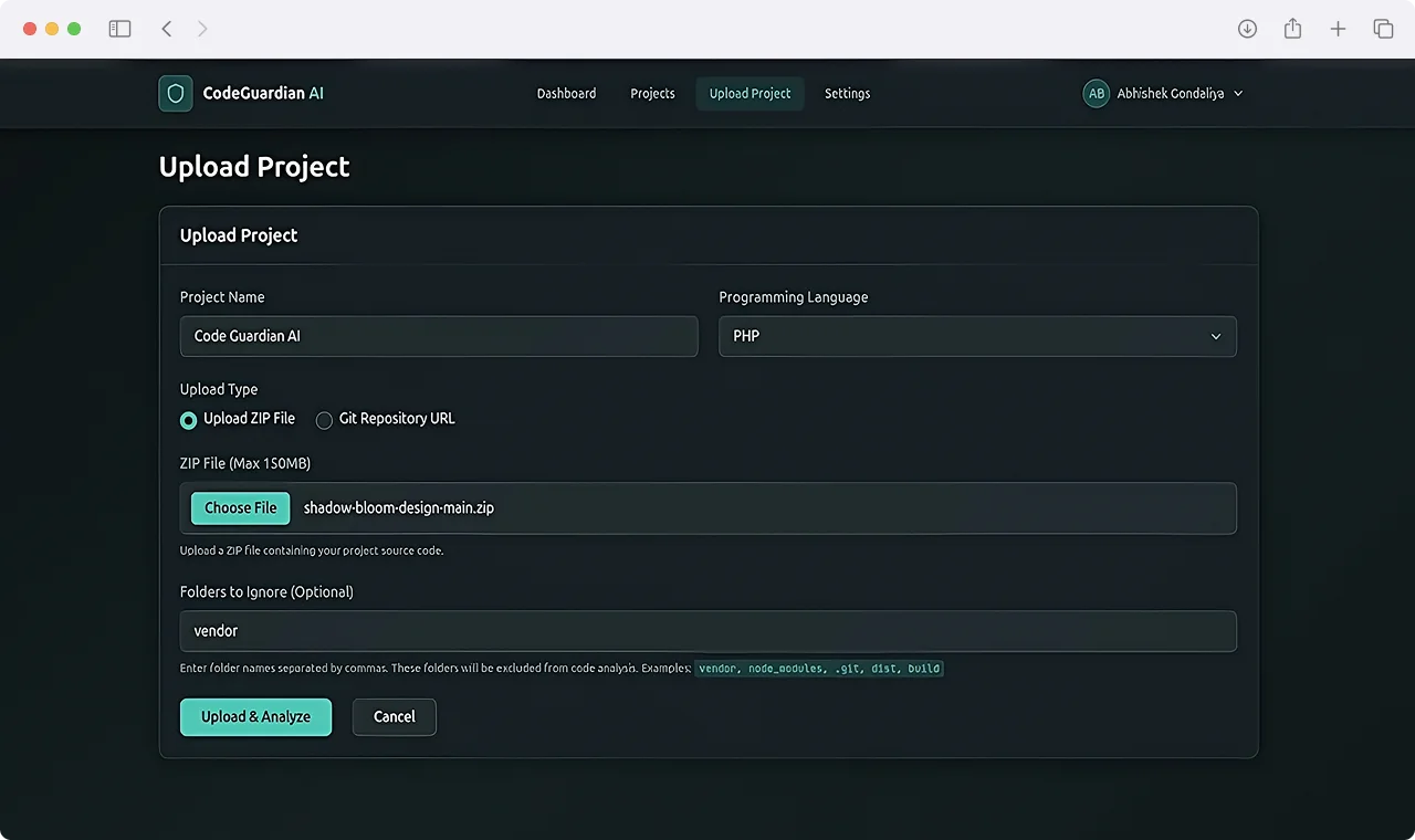 CodeGuardian AI codebase upload and repository analysis configuration interface