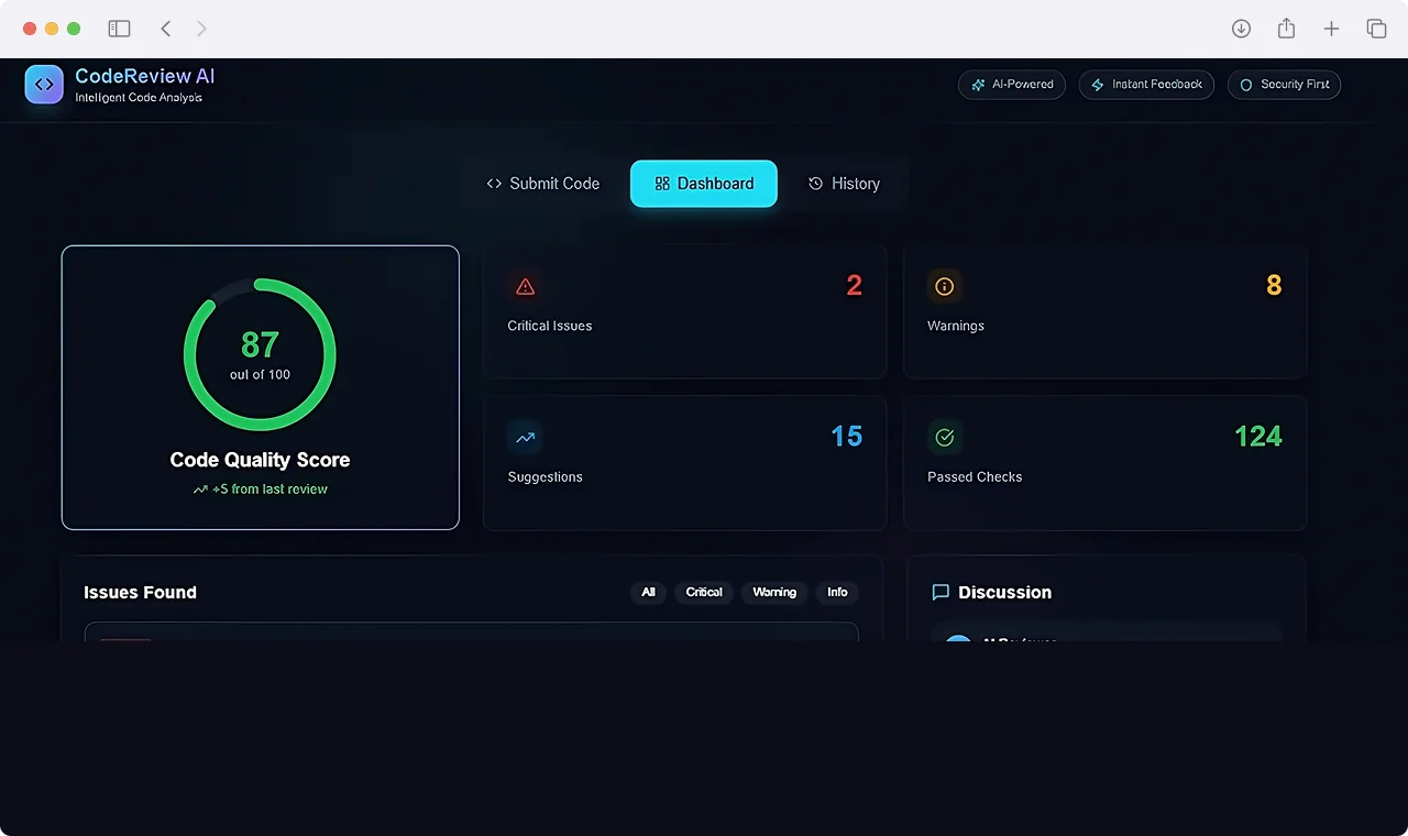 CodeReview AI quality score dashboard with critical issues and warnings summary