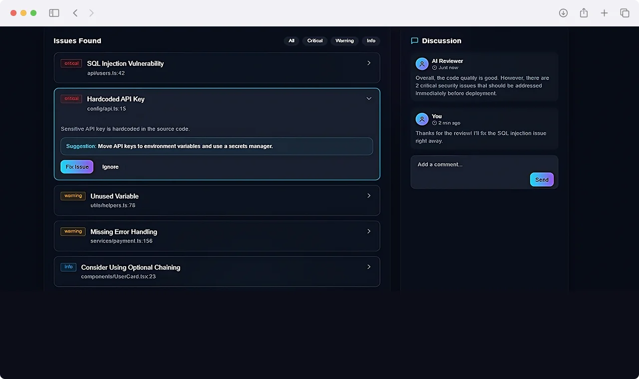 CodeReview AI detected vulnerabilities and automated code fix suggestions with discussion panel