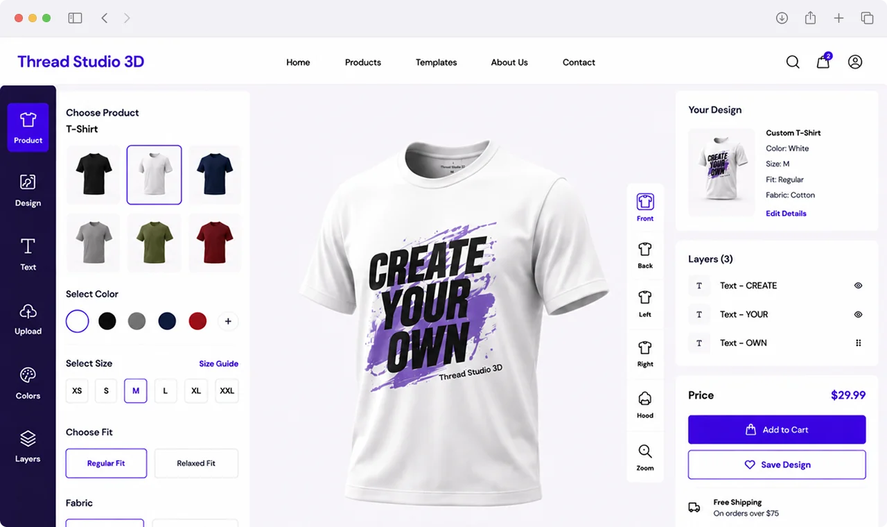 Thread Studio 3D customizer web application with live 3D garment preview and product options