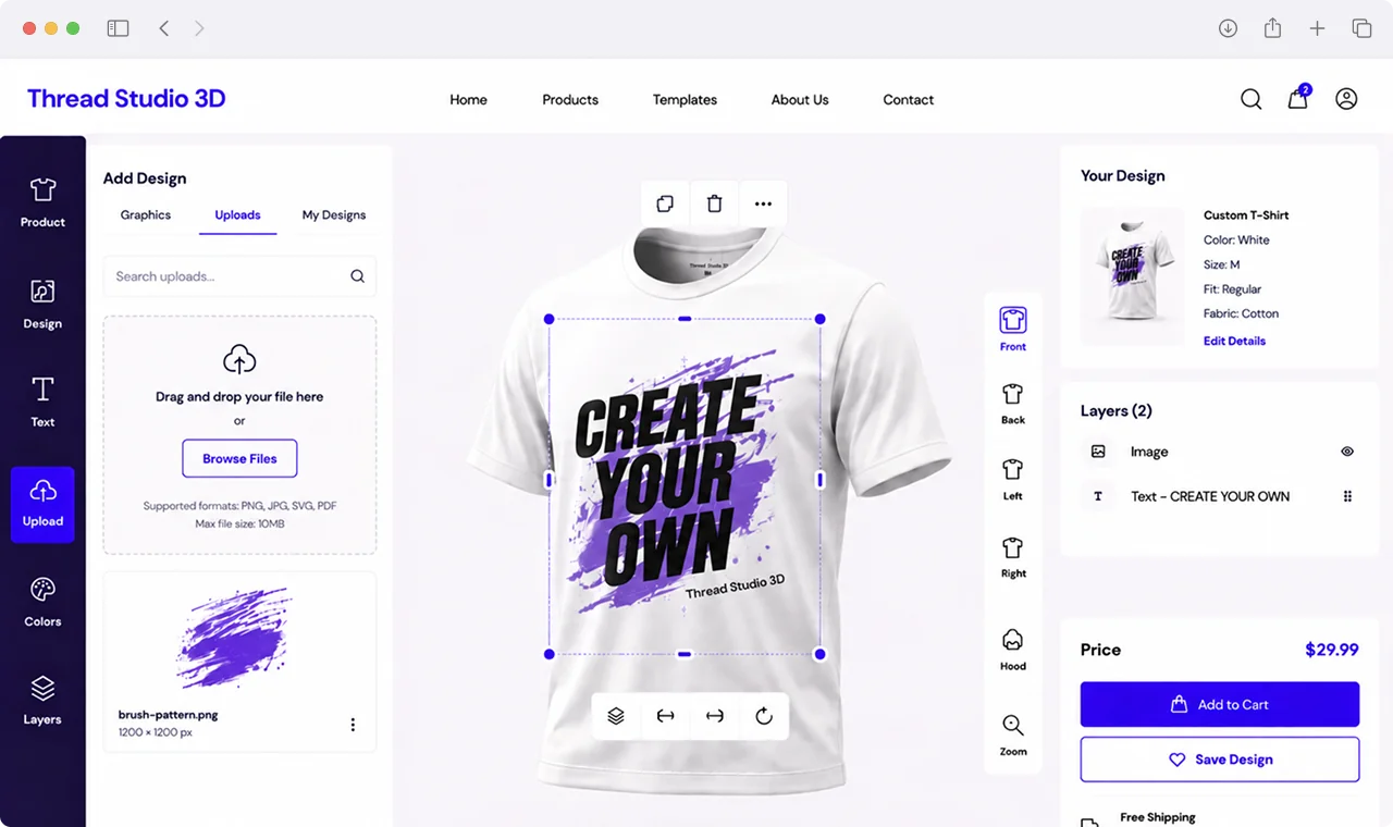 Custom apparel graphic upload and interactive 3D design positioning interface