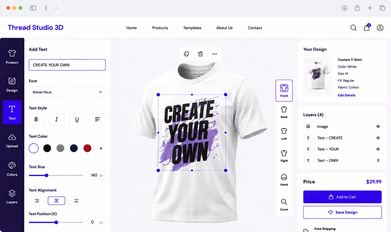 Apparel typography customizer panel with font, color, and text styling controls