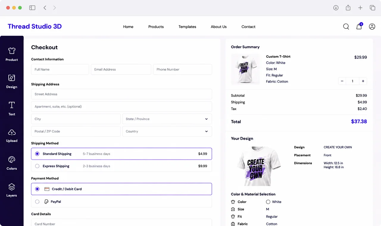 E-commerce checkout screen with order summary and customized product details
