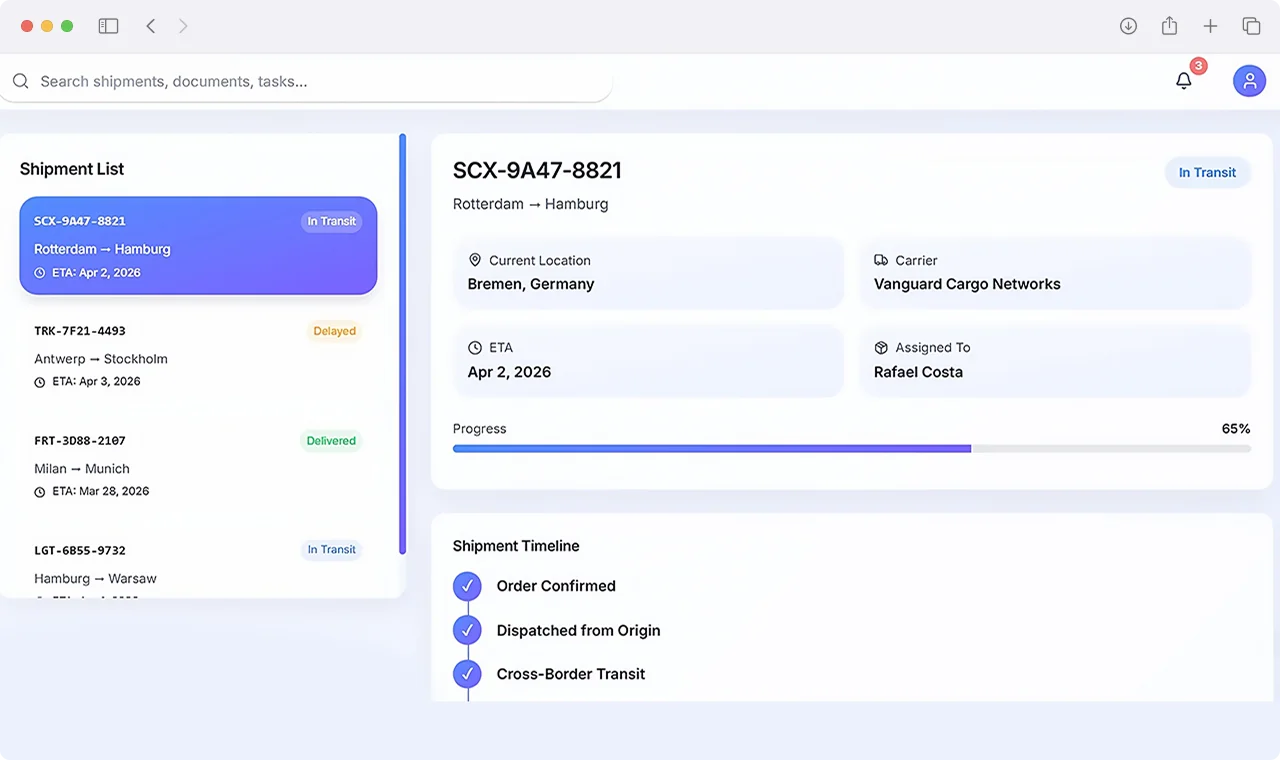 Shipment milestone tracking view with route timeline, carrier details, and transit progress