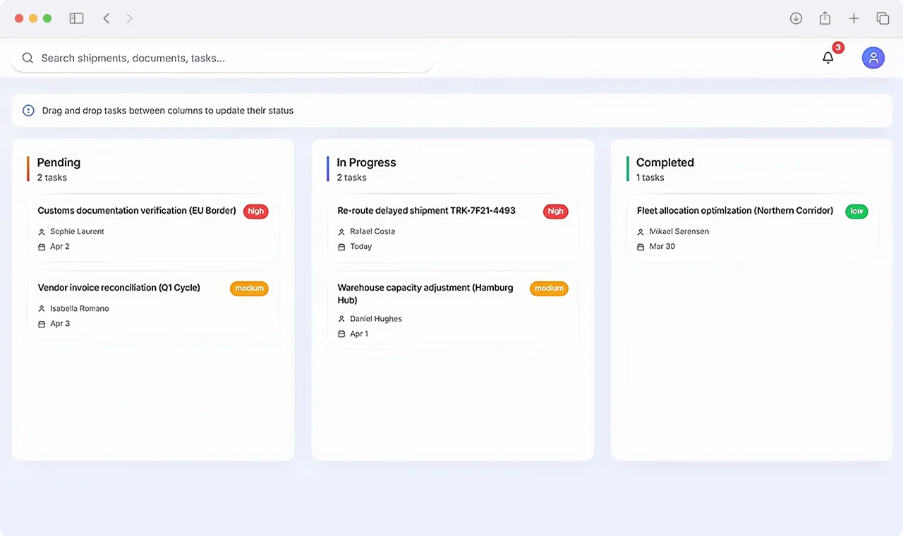 Logistics task management Kanban board with pending, in-progress, and completed shipment tasks