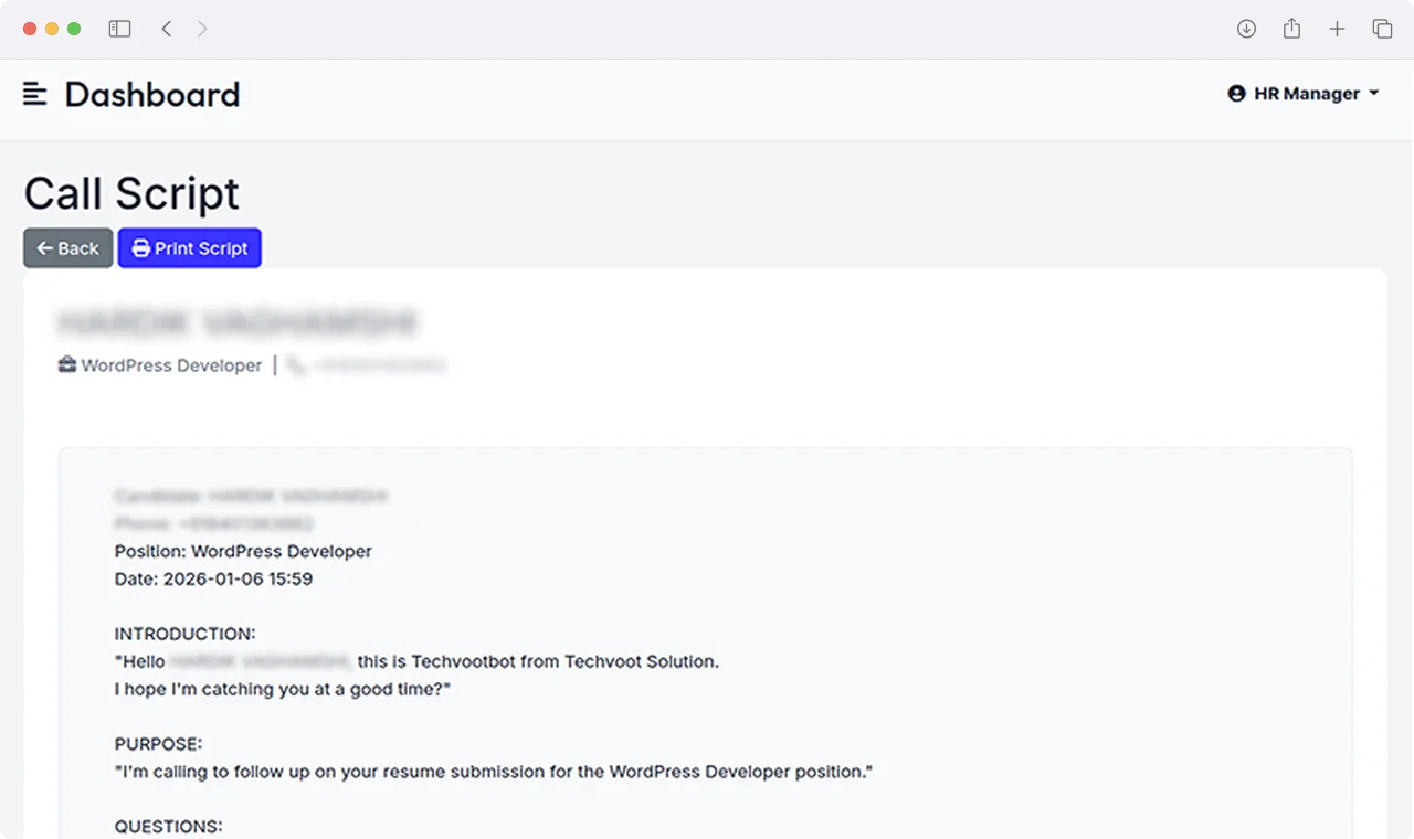 AI recruiter candidate phone screening script and conversational interview transcript