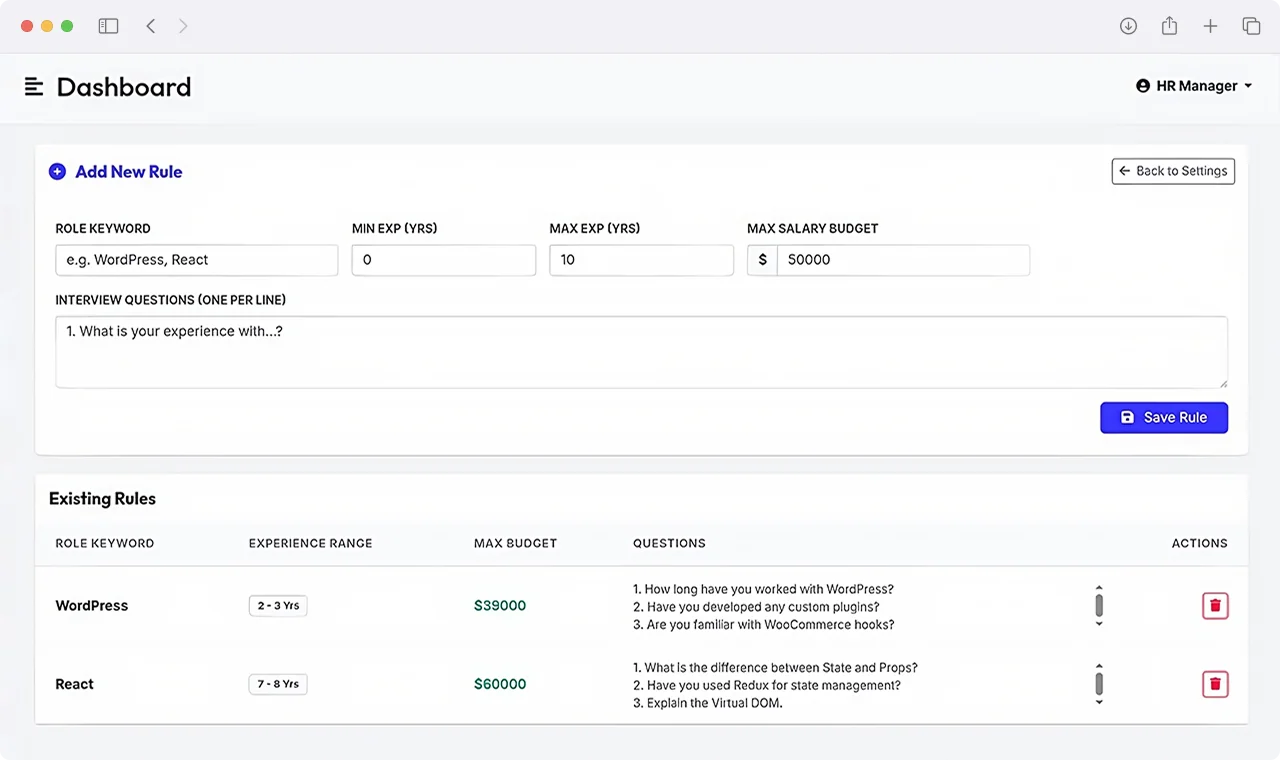 Predefined candidate screening rules and automated interview qualification criteria panel