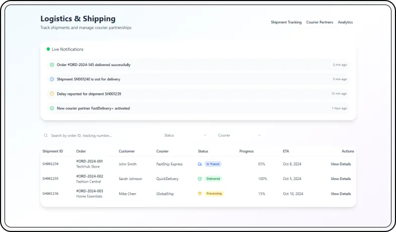 Logistics and shipping tracking module UI